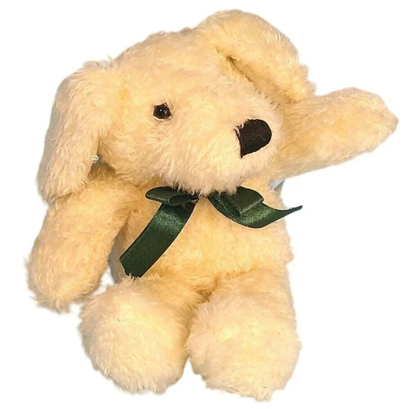 Dan Dee Collectors Bean Bag Friends Dog Plush Off-White Green Bow 7" Stuffed Toy - Picture 1 of 6